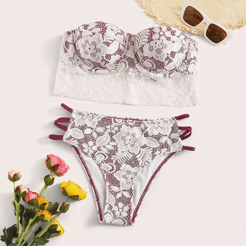 

Contrast Lace Underwire Bandeau Bikini Set, Multicolor