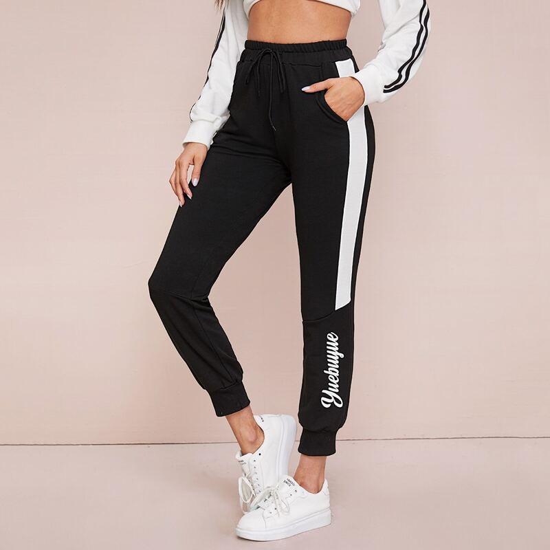 

Letter Graphic Contrast Panel Side Sweatpants, Black