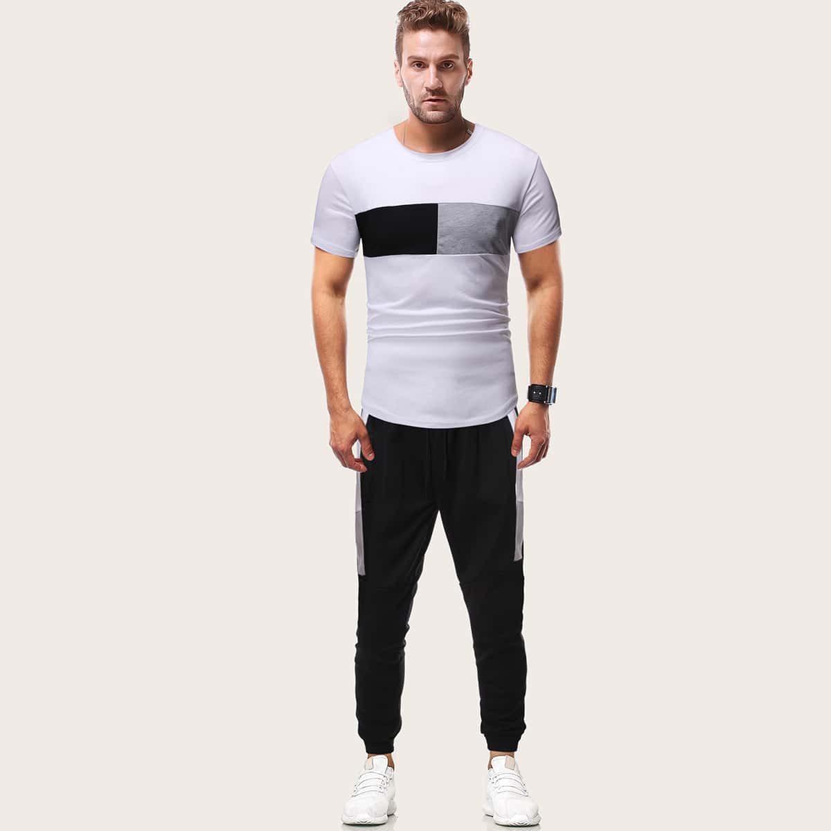 

Guys Contrast Panel Tee & Drawstring Sweatpants, Black and white