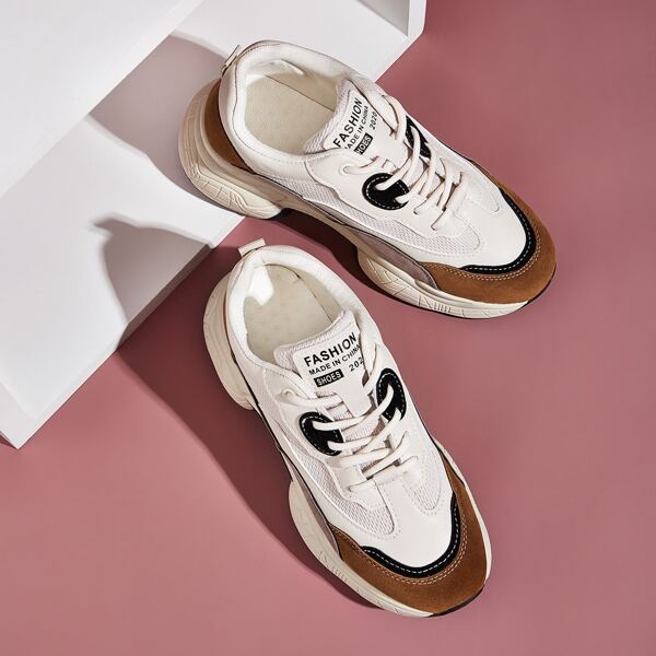 

Lace-up Front Suede Panel Chunky Sneakers, White