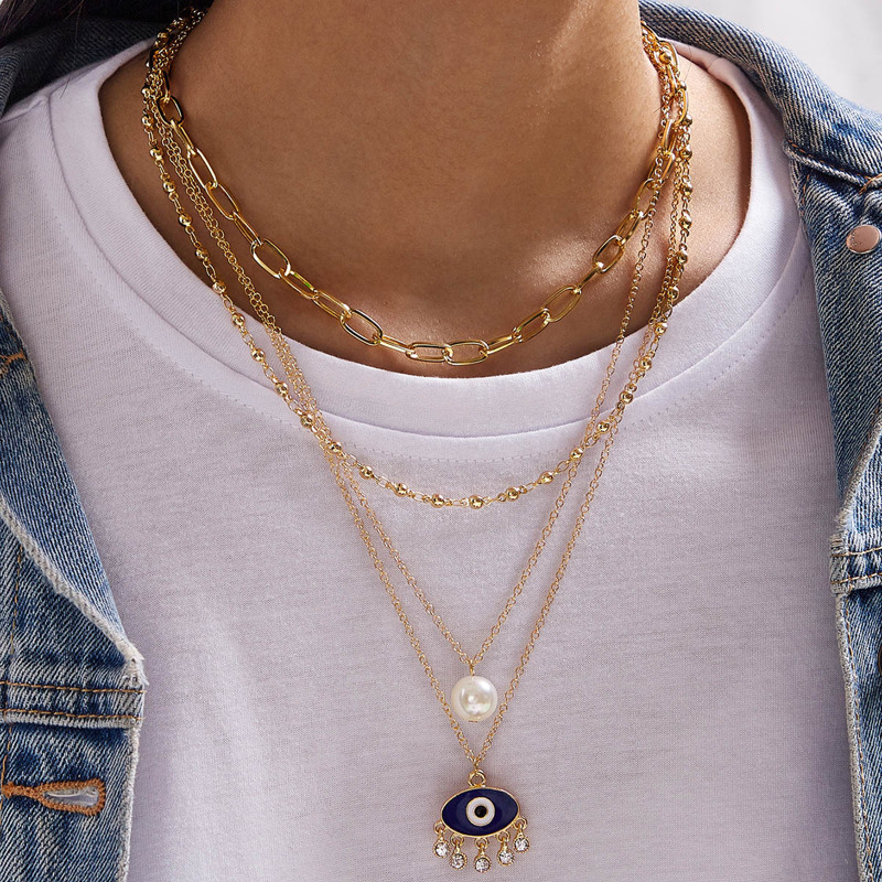 

1pc Faux Pearl & Eye Charm Layered Necklace, Gold
