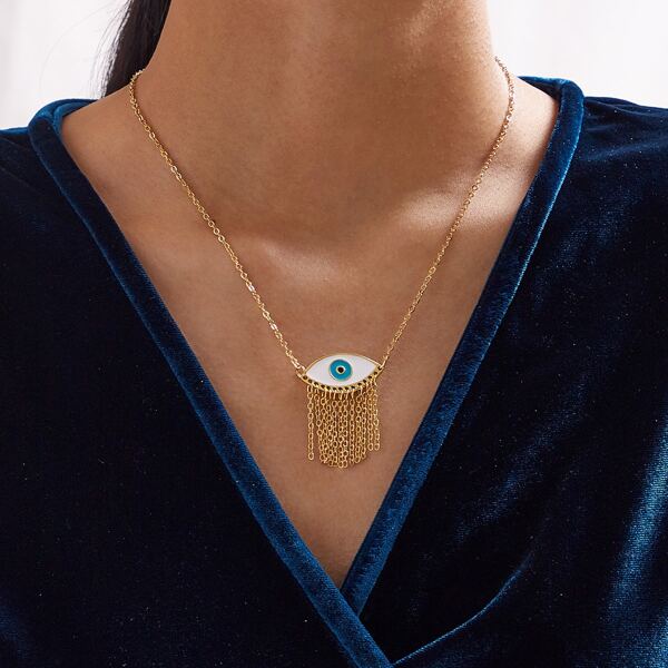 

1pc Eye & Tassel Charm Necklace, Gold