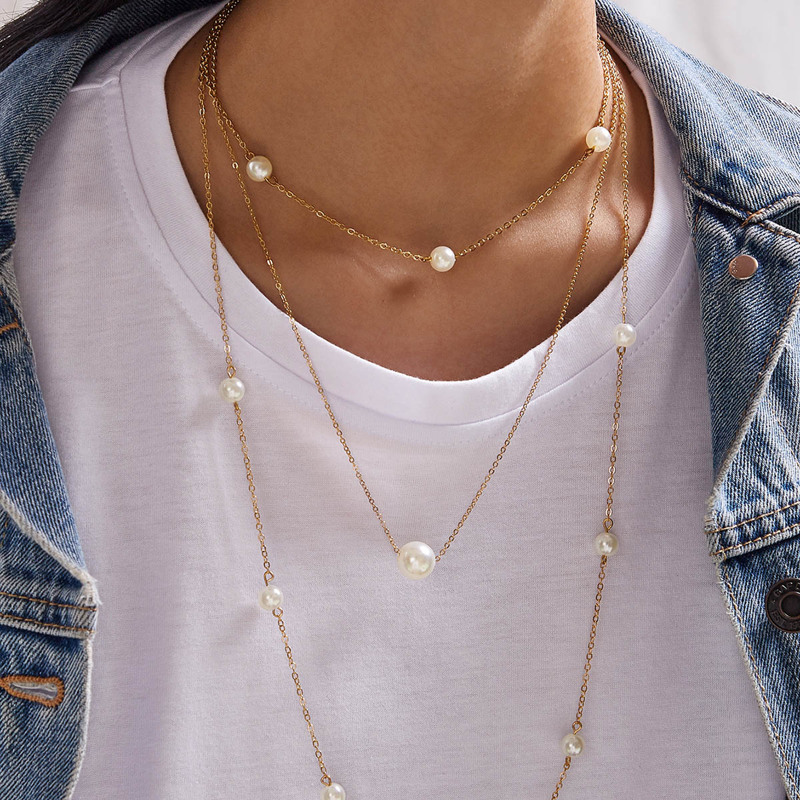 

1pc Faux Pearl Beaded Layered Necklace, Gold