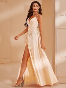 SHEIN Zipper Back Wrap Slip Satin Dress - Gold - View 5
