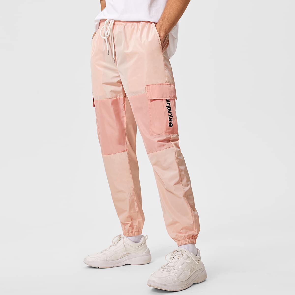 

Guys Letter Graphic Flap Pocket Side Wind Pants, Baby pink