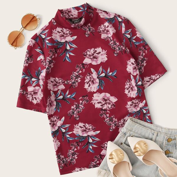 

Mock-neck Floral Print Tee, Burgundy