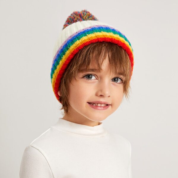 

Girls Pom Pom Color Block Beanie, Multicolor