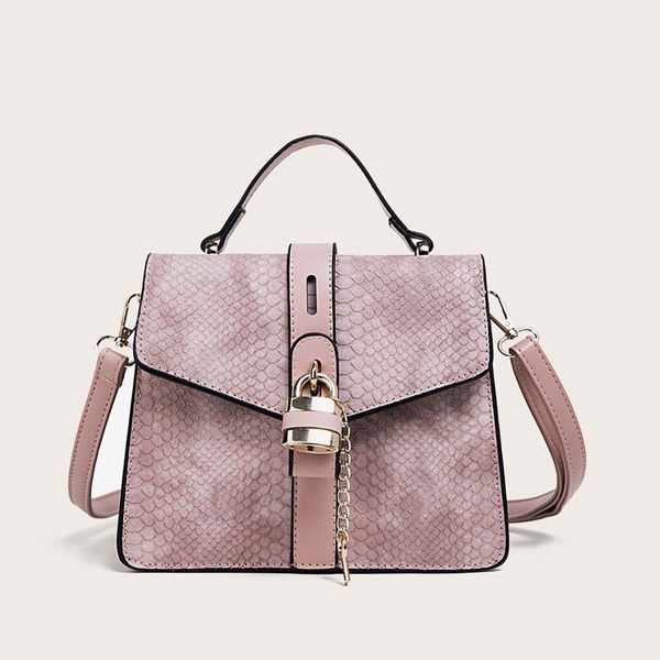

Metal Lock Snakeskin Print Flap Satchel Bag, Pink