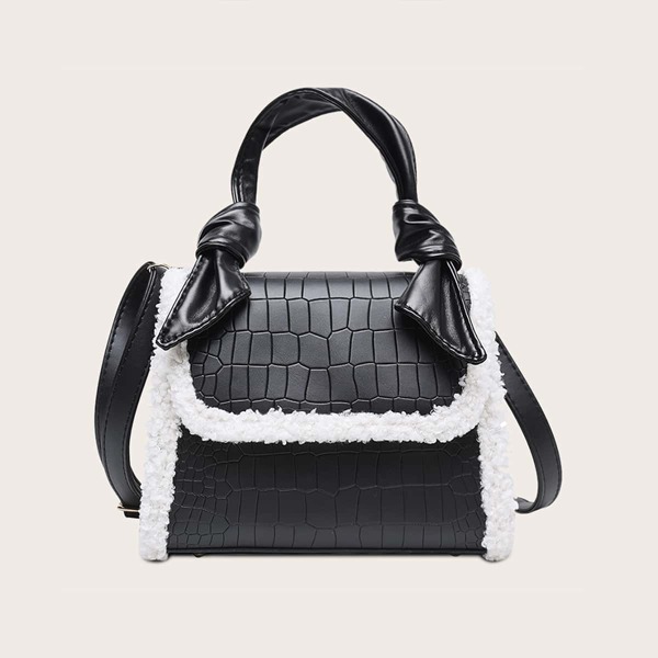 

Faux Fur Decor Croc Embossed Satchel Bag, Black
