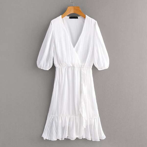 

Solid Surplice Front Ruffle Hem Dress, White