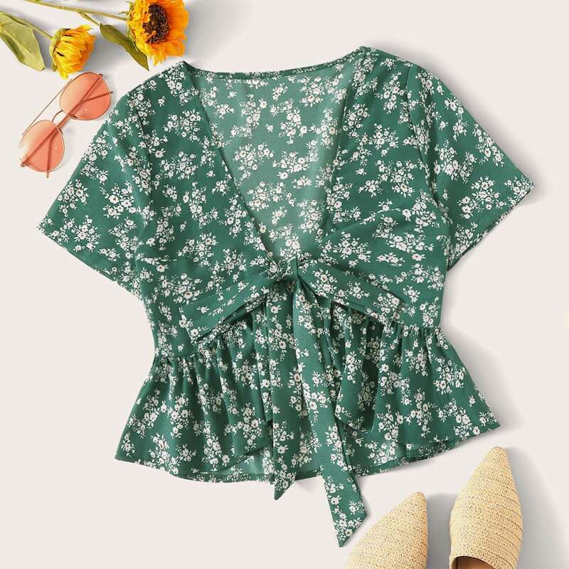 

Ditsy Floral Self Tie Peplum Top, Green