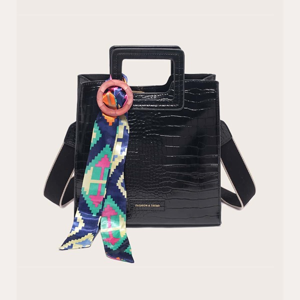 

Twilly Scarf Decor Croc Embossed Satchel Bag, Black