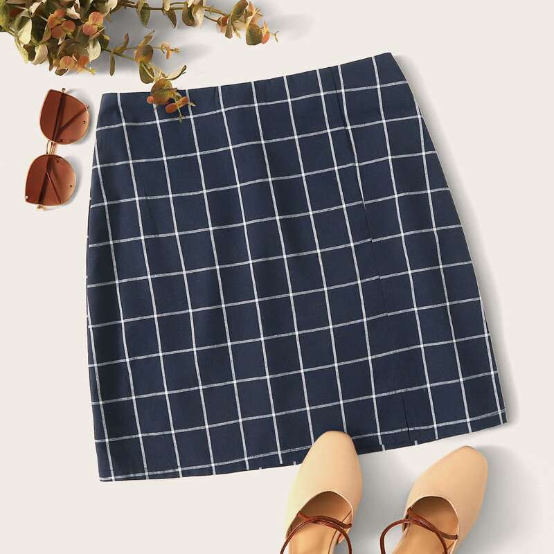 

Grid Print Zip Back Skirt, Navy