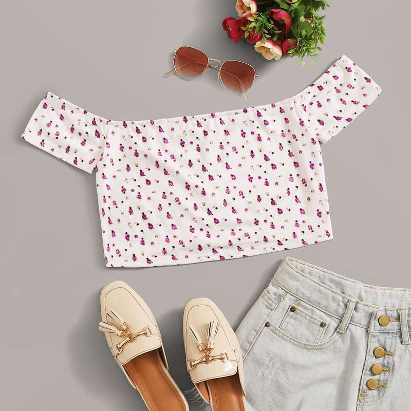 

Ditsy Floral Print Bardot Crop Top, White