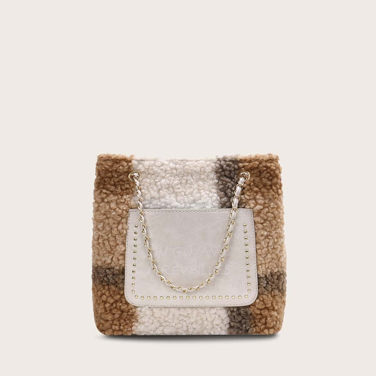 

Studded Decor Faux Shearling Tote Bag, Multicolor