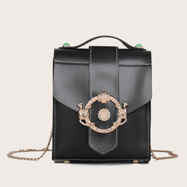 

Faux Pearl & Rhinestone Decor Chain Satchel Bag, Black