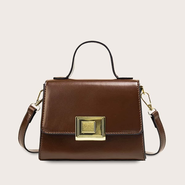 

Metal Lock Flap Satchel Bag, Brown