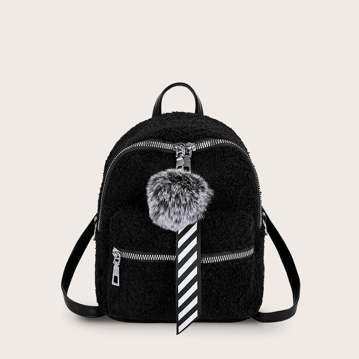 

Pom Pom Decor Faux Shearling Backpack, Black