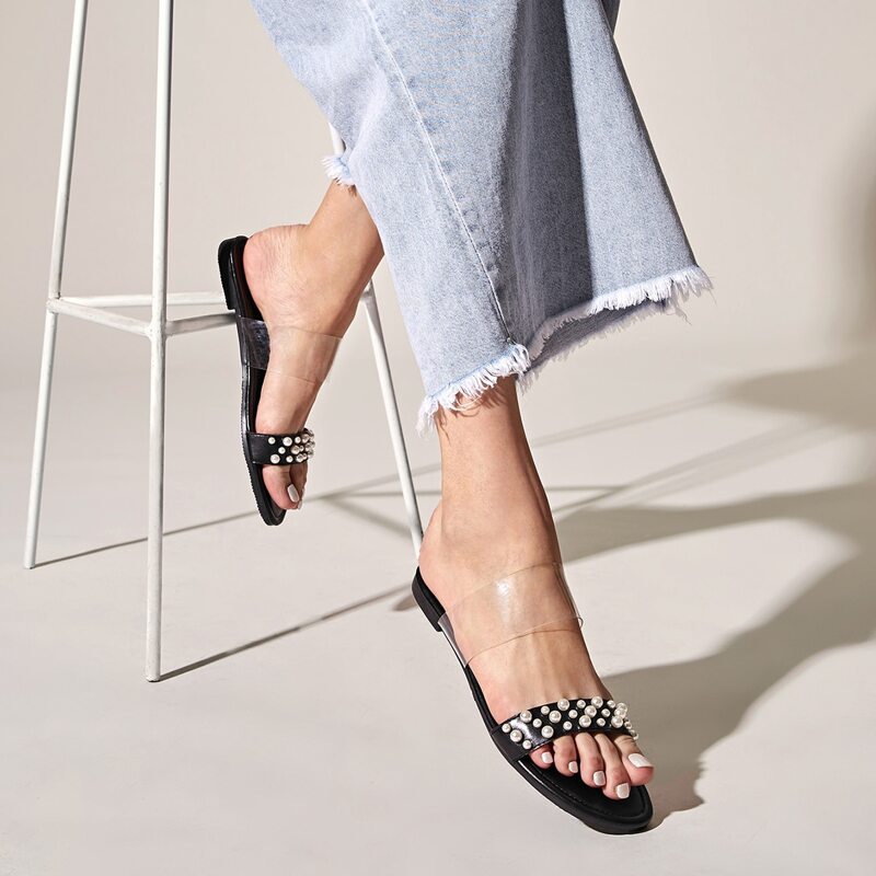 

Faux Pearl Decor Flat Sliders, Black
