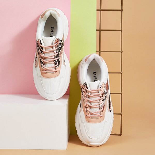 

Lace-up Front Snakeskin Panel Chunky Sneakers, White