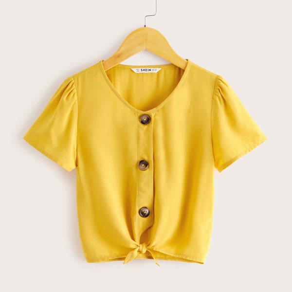 

Girls Button Front Knotted Hem Blouse, Yellow bright