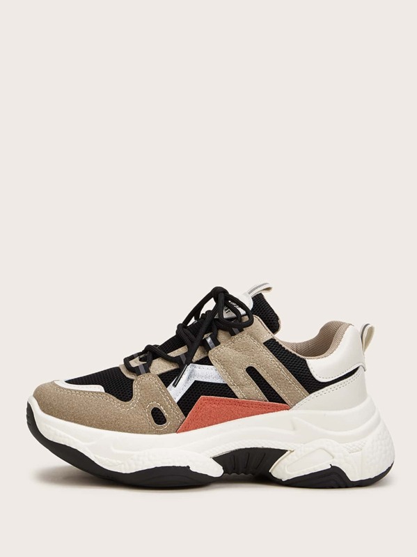 

Lace-up Front Suede Panel Chunky Sneakers, Multicolor