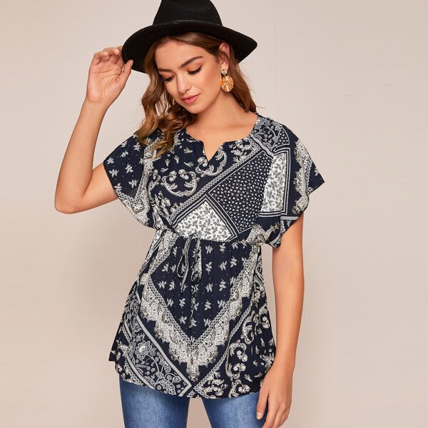 

Scarf Print Drawstring Waist Blouse, Navy