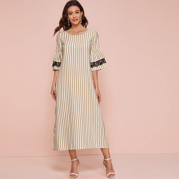

Vertical Striped Lace Panel Tunic Dress, Khaki