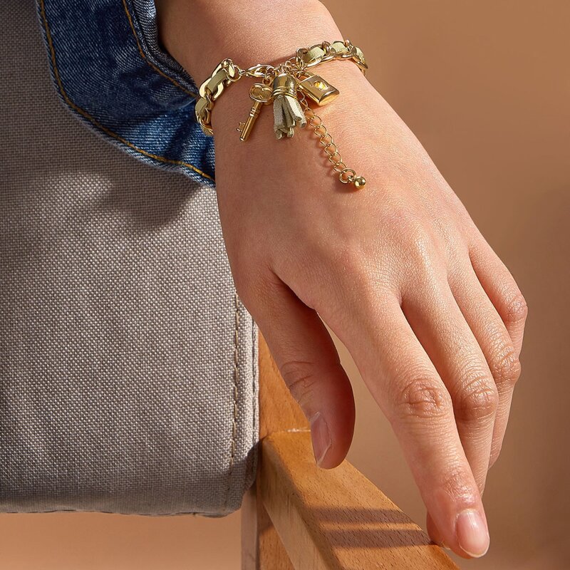 

1pc Key & Lock Pendant Chain Link Bracelet, Gold