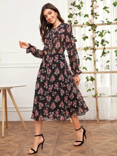Knot Front Floral Print Ruffle Trim Dress