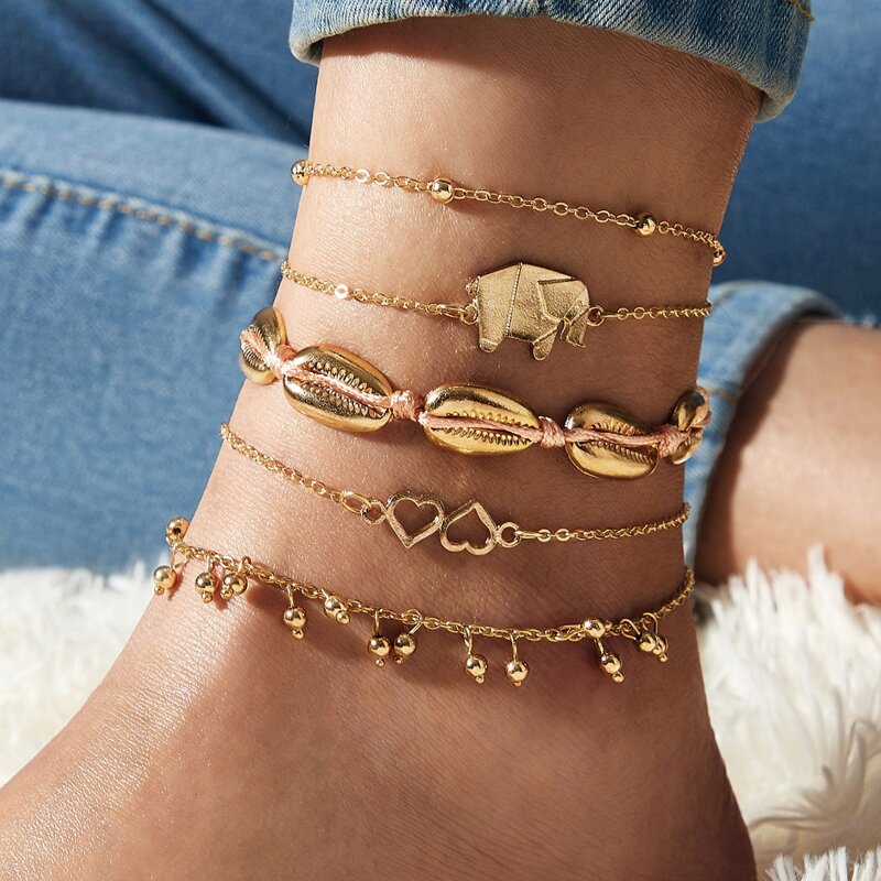 

5pcs Shell & Double Heart Decor Anklet Set, Gold