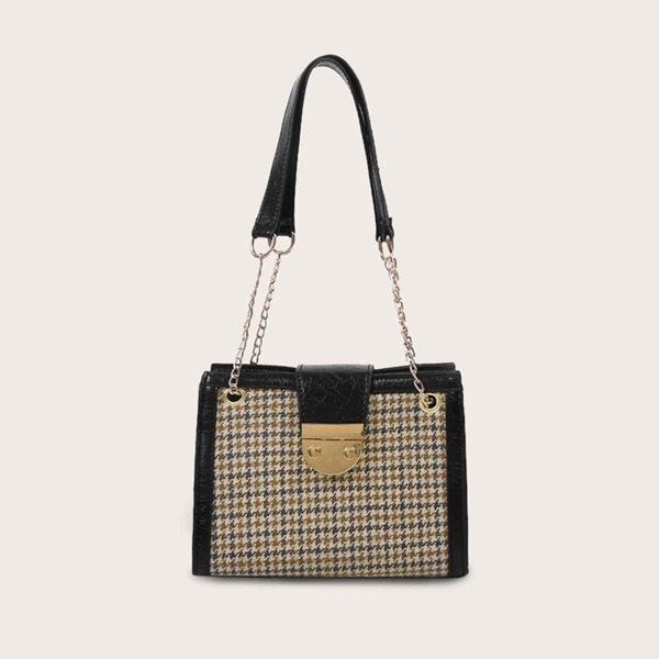 

Push Lock Houndstooth Chain Tote Bag, Multicolor