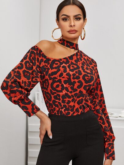 Asymmetrical Neck Leopard Print Blouse