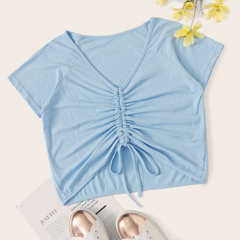 

Solid Drawstring Front Ribbed Tee, Blue pastel