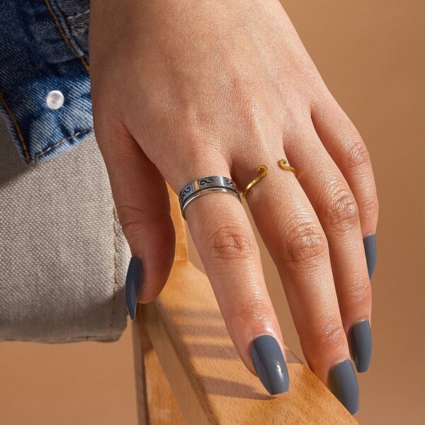 

2pcs Hollow Out Design Open Ring Set, Multicolor