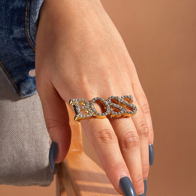 

1pc Rhinestone Decor Letter Finger Ring, Gold