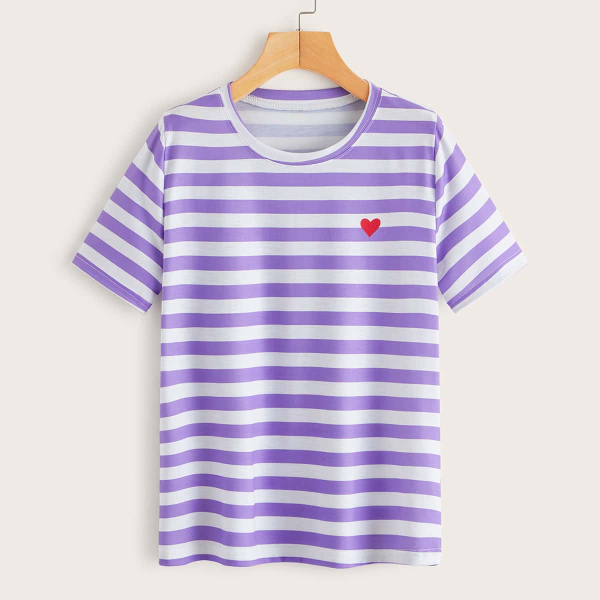 

Striped & Heart Print Short Sleeve Tee, Purple
