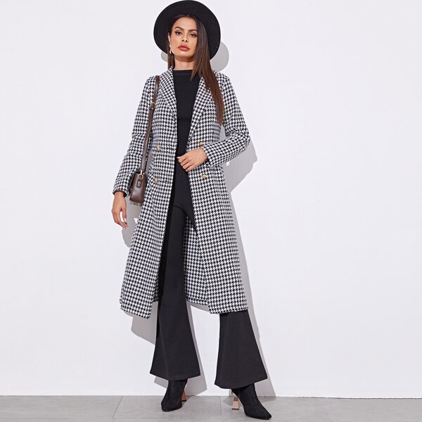 

Houndstooth Print Double Breasted Coat, Black and white