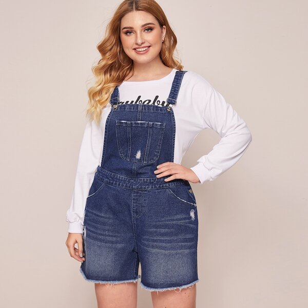 

Plus Raw Hem Ripped Denim Overalls, Blue