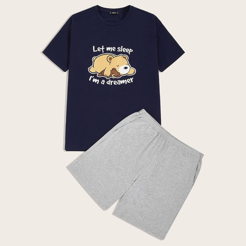 

Guys Slogan and Cartoon Graphic Top & Shorts PJ Set, Multicolor