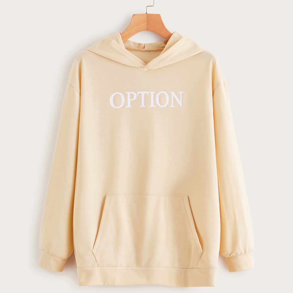 

Letter Graphic Kangaroo Pocket Longline Hoodie, Beige