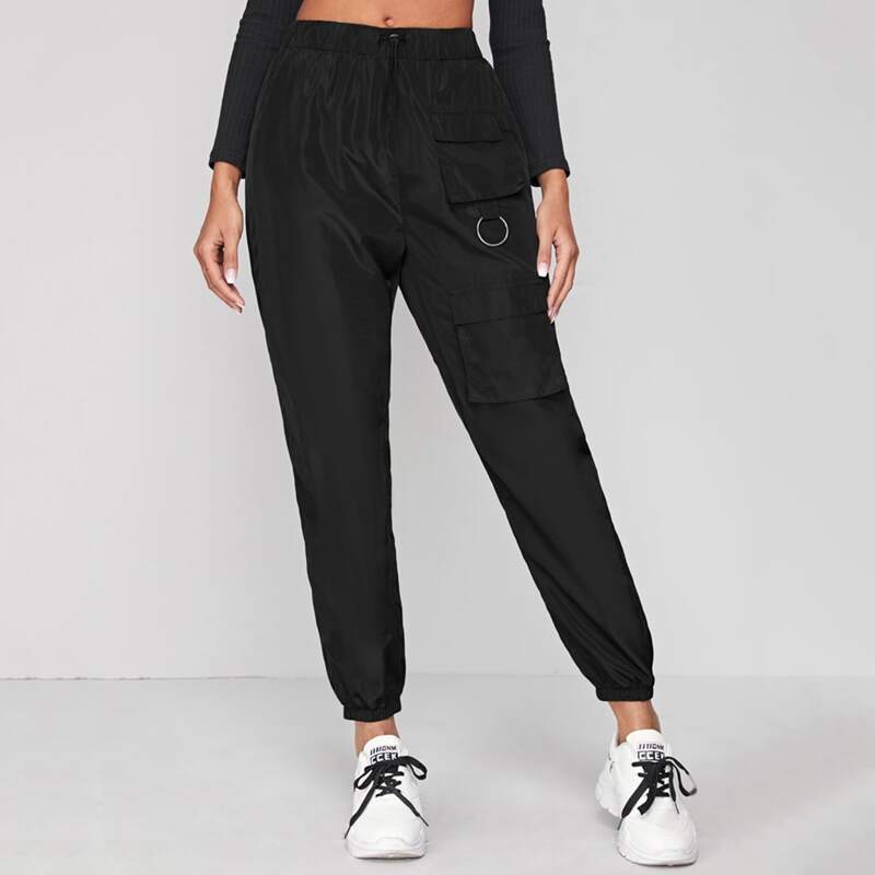 

Drawstring Waist Flap Pocket Windbreaker Joggers, Black