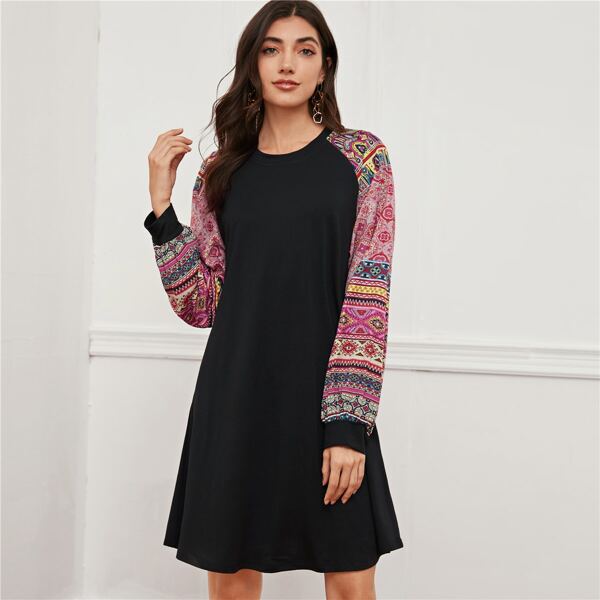 

Tribal Print Raglan Sleeve Tee Dress, Black