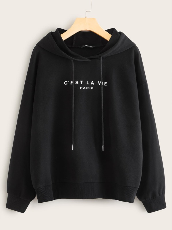 

Plus Slogan Graphic Drop Shoulder Hoodie, Black
