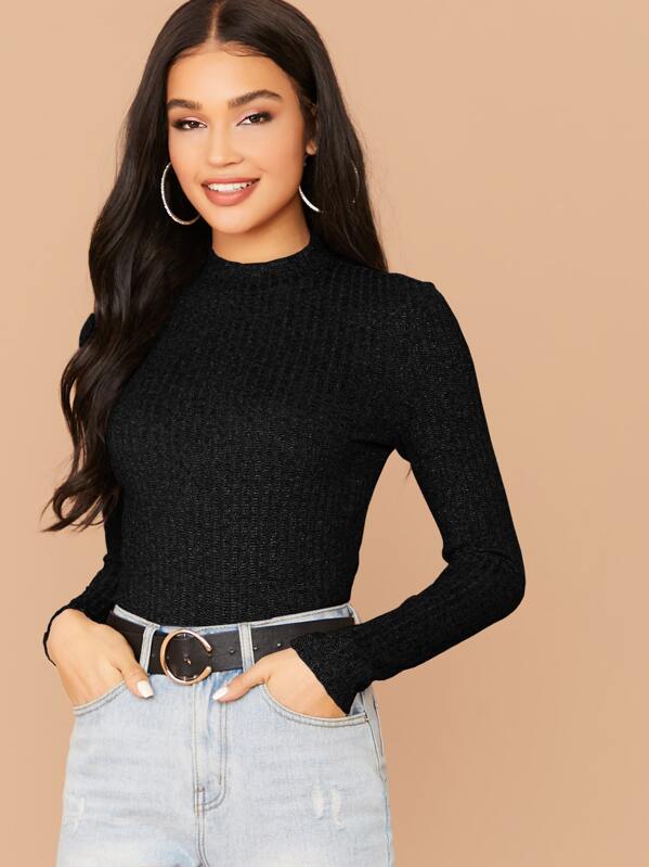

Rib-knit Glitter Form Fitted Top, Black, Juliette