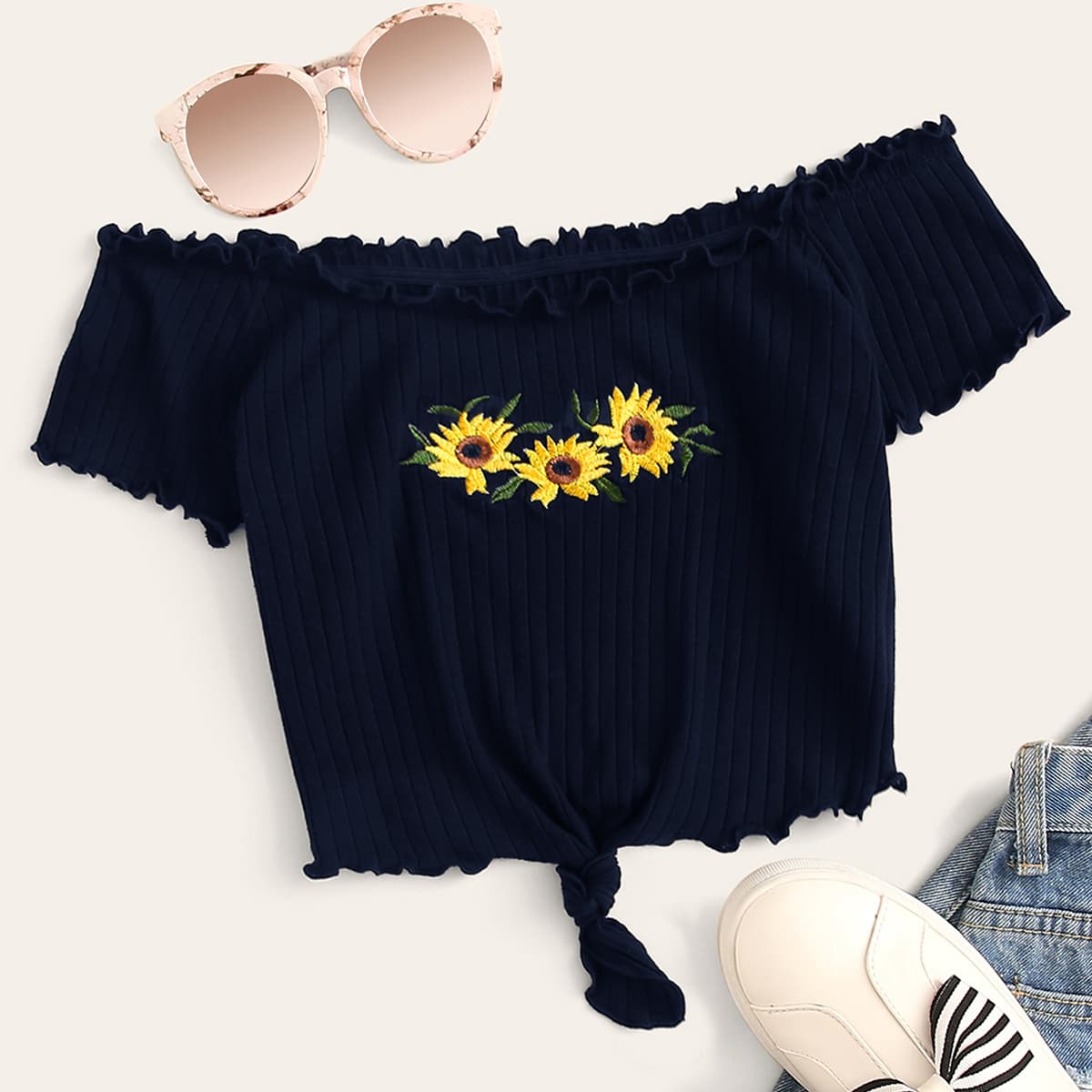 

Embroidered Sunflower Lettuce Edge Tie Hem Bardot Top, Navy blue
