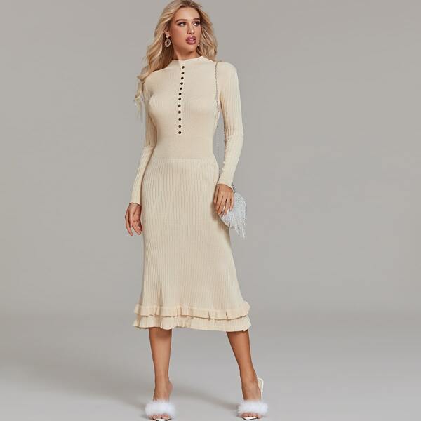 

Mock Neck Ruffle Hem Bodycon Sweater Dress, Beige