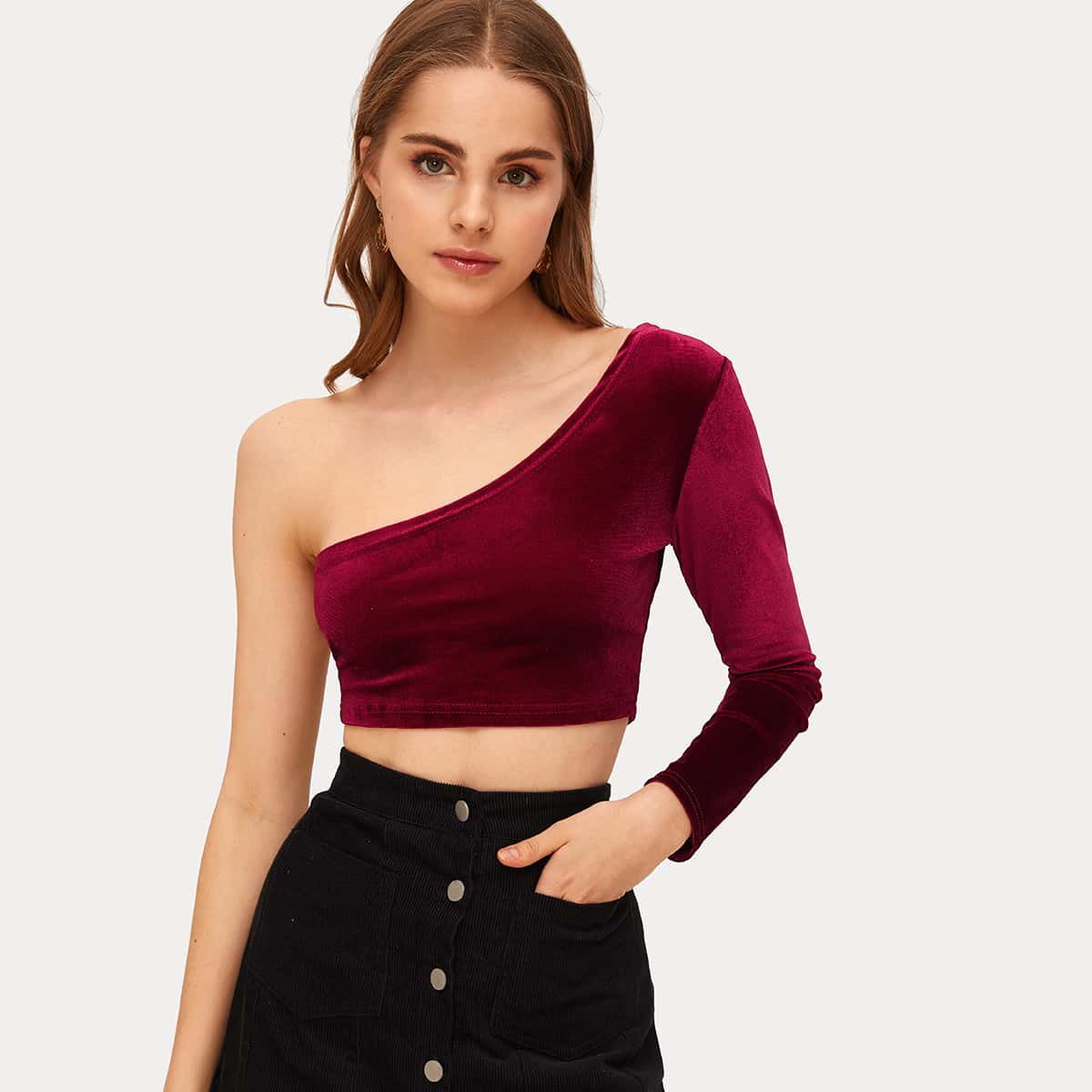 

Velvet One Shoulder Crop Top, Burgundy