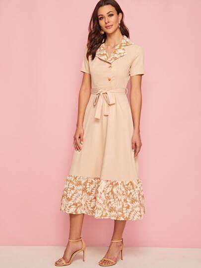 Lapel Collar Contrast Ruffle Hem Shirt Dress