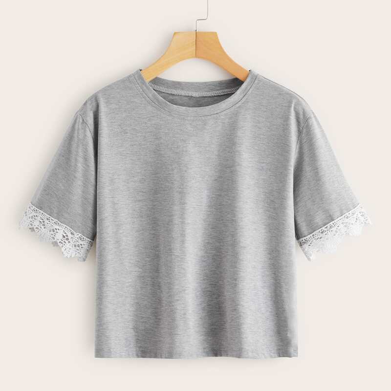 

Contrast Lace Short Sleeve Tee, Grey